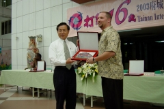 Randy recieving a gift from the Mayor of Tainan city. Taiwan, 2003